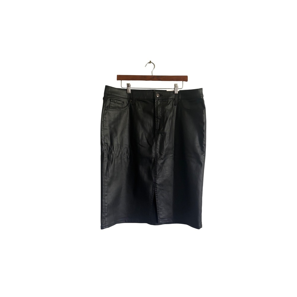 Chico's Faux Leather Pencil Skirt Black Midi Front Slit Size 3 US 16 NEW